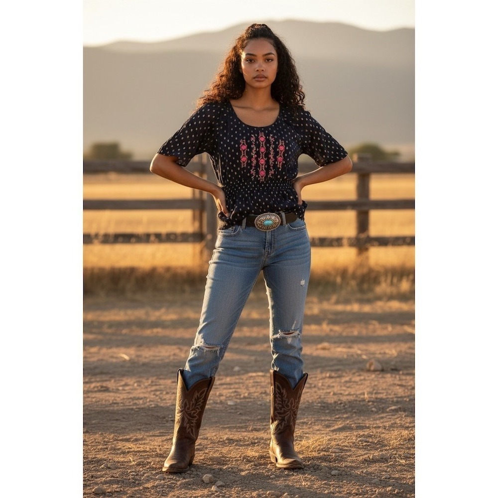 Shyanne Tunic Top Womens Size M Navy Blue Swiss Dot Embroidered Boho western